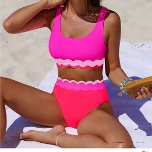 Popvil Scalloped High-Waist Two-Piece Bikini in Hot Pink & Coral size L